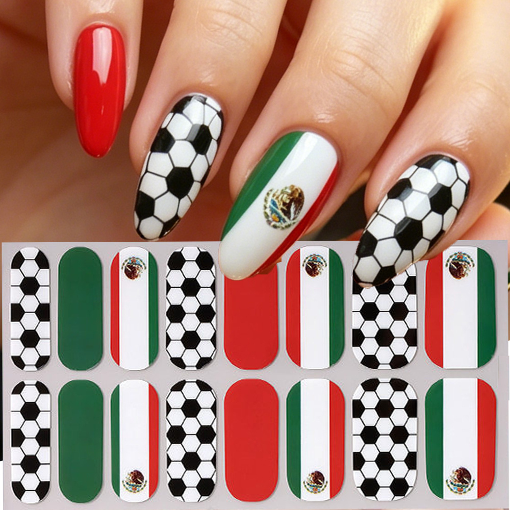 Full Cover Adhesive - 16Tip/sheet Baking-Free Waterproof Soccer Print Nail